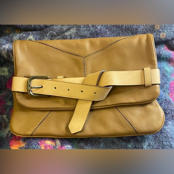 Ann Taylor Handbags - Belted Soft Tan Leather Envelope Clutch by Ann Taylor Supple Timeless Neutral